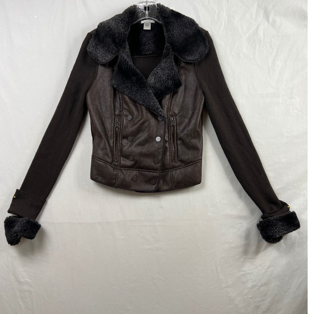 Cache Crop Jacket Women M Brown Faux Fur Snakeskin Ribbed Wool Blend Biker